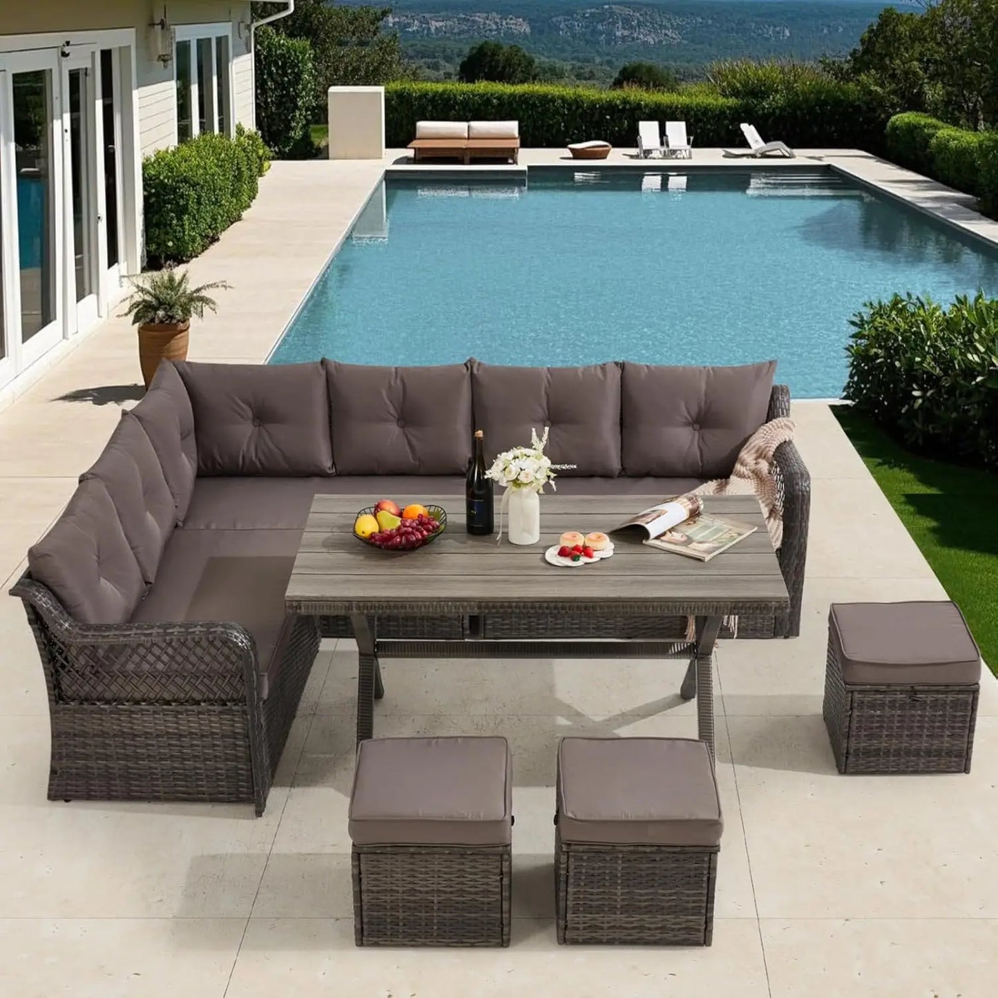 7 Pieces Patio  Dining Set, Patio Dining Sets with HDPE Table & Chairs, Ottamans for Garden, Deck