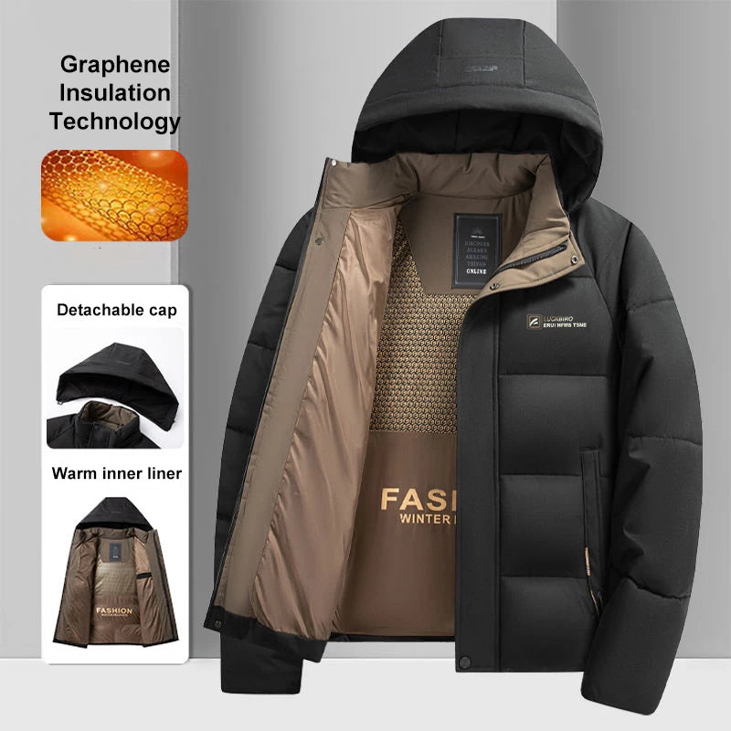 Graphene Warm Windproof Jacket Men Comfortable Thickened Outdoor Hooded Overcoat Male Casual