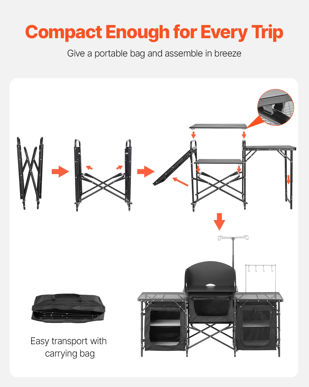 Camp Kitchen Table Aluminum Portable Cook Station, 3 Storage Cupboard Carrying Bag Quick Set-up