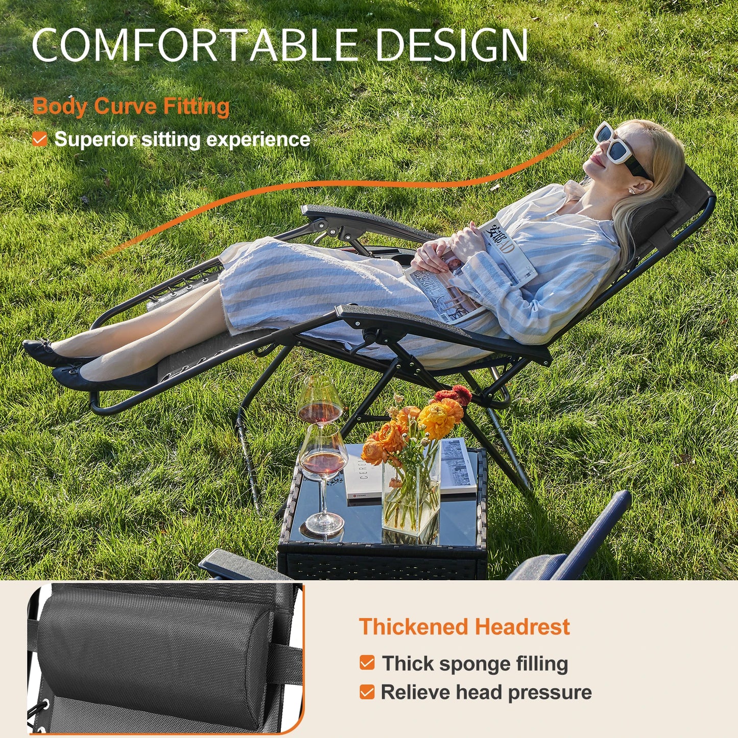 Zero Gravity Set 2 Portable Recliner Camping Patio Outdoor Chair,Cup Holder Trays Adjustable Pillow