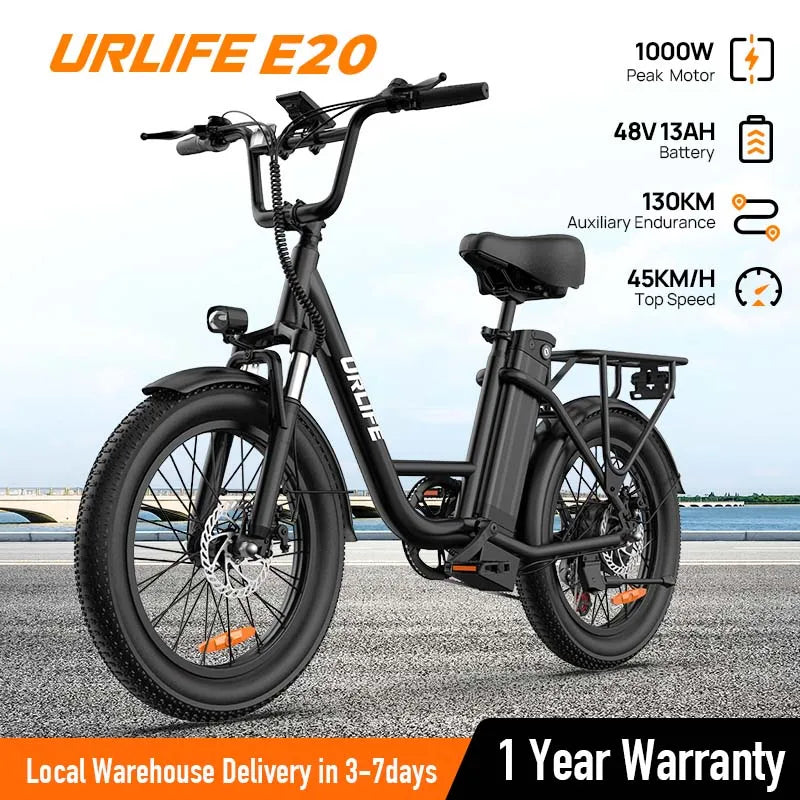 1000W E20 Electric Bike 13Ah Removable Battery, 20MPH, 20''X3" Fat Tire, 7-Speed Dual Disc Brake