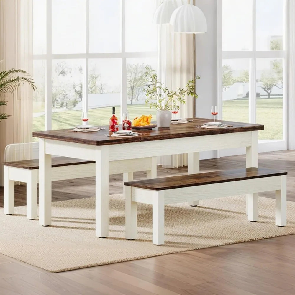 farmhouse table set, 4-6, 55-inch wooden table;benches, space saving 3 pieces heavy duty-indoor