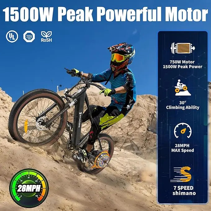 C26 Electric Bike Adult 1500W Peak, 28 MPH15AH 72 Miles, 26Fat Tire, Hydraulic Suspension