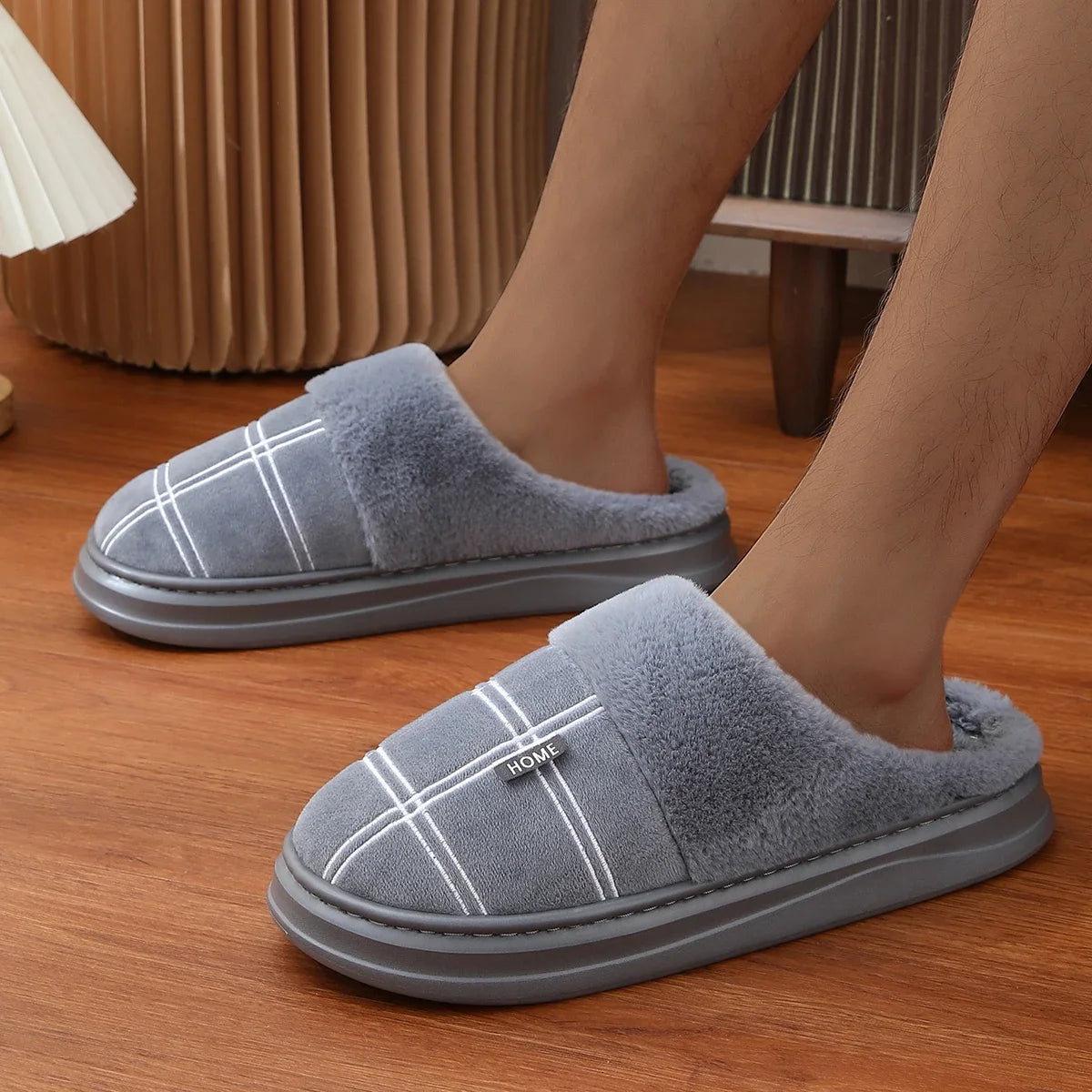 Men Home Slippers Plaid Memory Foam Winter Plush Warm Non-Slip Black Large size 50-51 Fashion