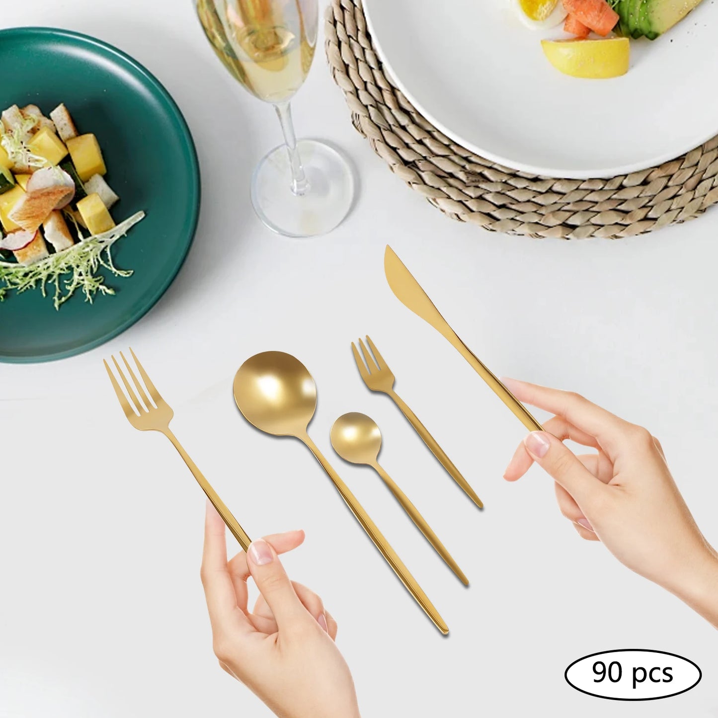 90 Pcs Gold Flatware Set Stainless Steel Utensil Kitchen Tableware Forks Knives Spoons Cutlery