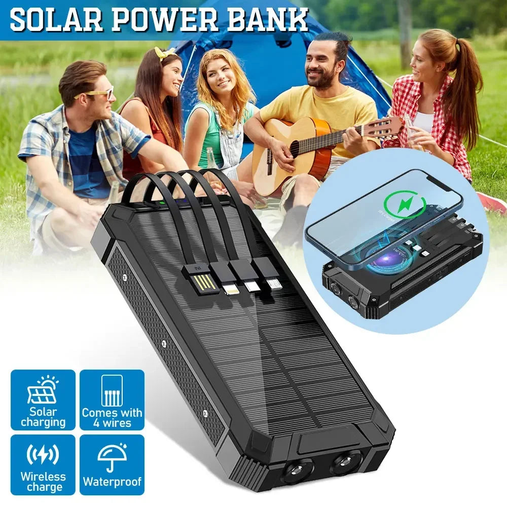 Solar Power Bank Ultra Large Capacity USB 4 in1 Super Fast Charging Built in Cables TypeC LED Light