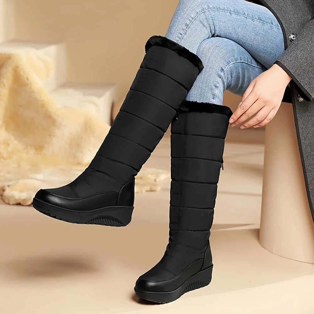 Women's Fuzzy Faux Fur Winter Snow Boots Fashion Wedges pull On Waterproof casual Comfy Knee High