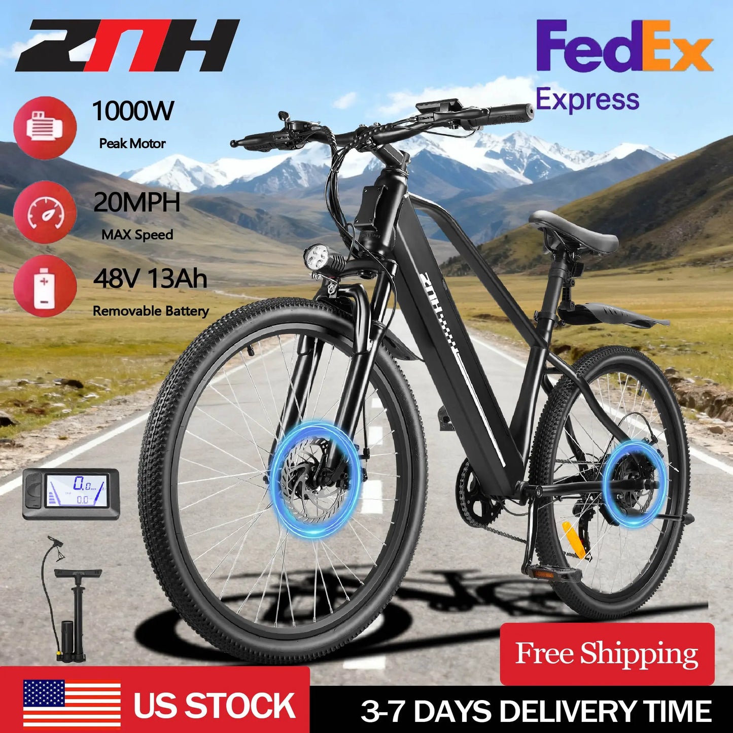E-Bicycle, Adults,1000W Peak Motor,48V Removable Battery,20MPH,26" Tire E-Bike, 7-Speed,50 Miles