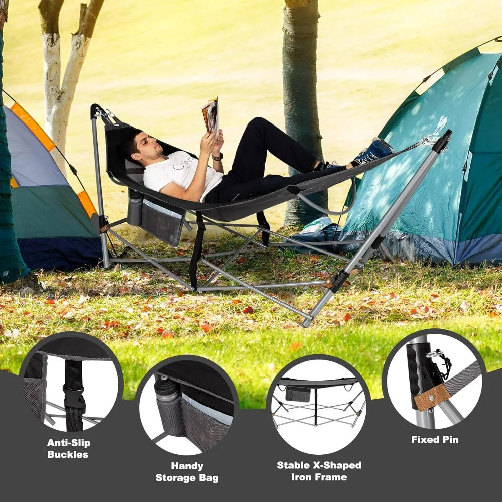 Portable Folding Lounge Camping Hammock w/Stand, Indoor & Outdoor w/Side Pocket, Anti-tip Buckles