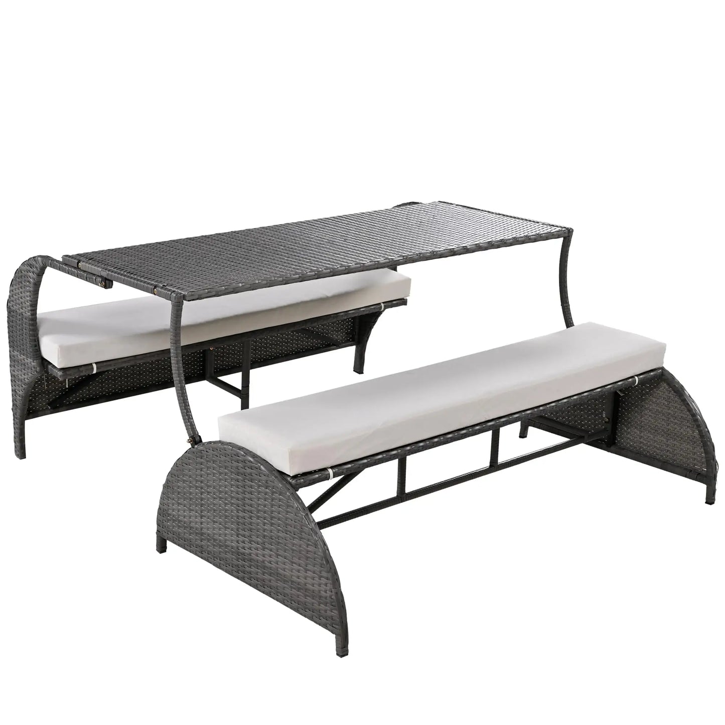 Outdr Rattan Loveseat Convertible Picnic Upholstered Bench Table Patio Convertible,4 Seats,1 Table