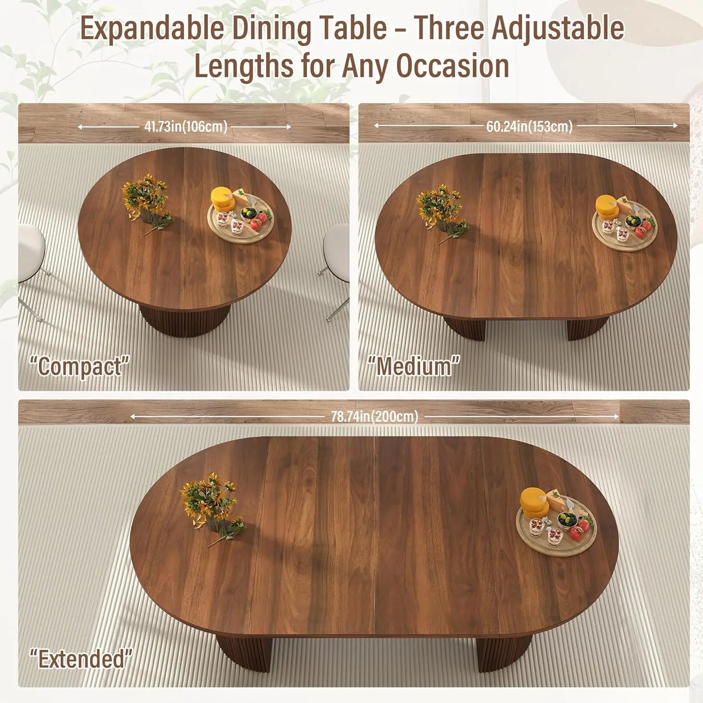 41 in-78 in Extendable Dining Room Table, 4-8, Round Expandable Table, Fluted Base, Modern Farmhouse