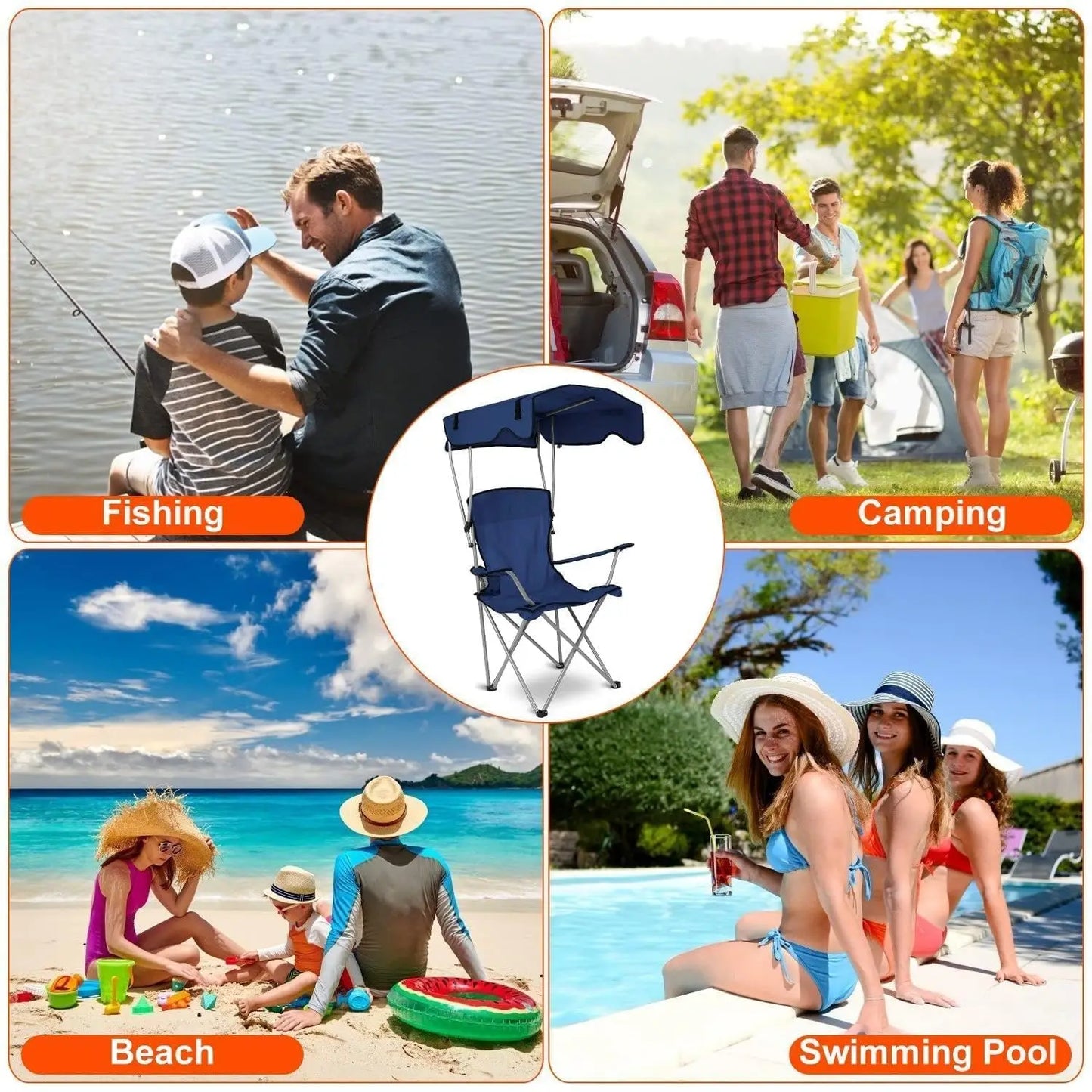 Camping Chair w/Canopy, Folding Lounge Chair, Adjust UPF 50+ Sun Shade & Cup Holder, Reclines