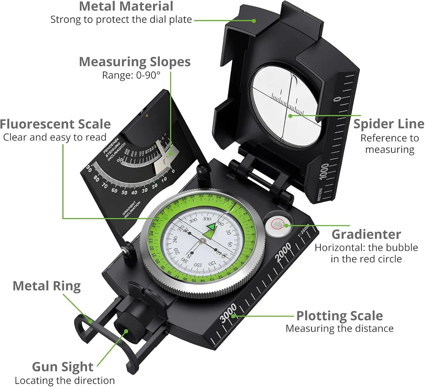 Waterproof Compass Hiking, Fluorescent Scale, Compass Navigation,Clinometer & Carry Bag Militar