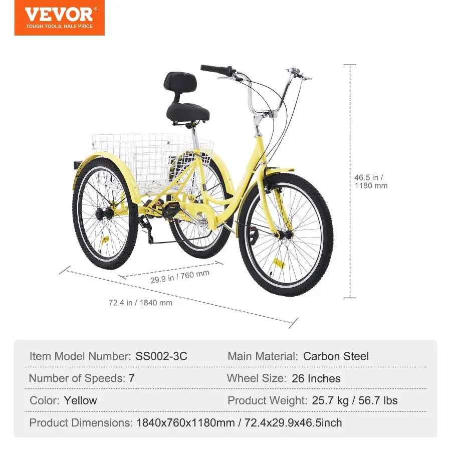 Adult Tricycles Bike 7 Speed Adult  26 Inch ThreeWheeled Carbon Steel , Basket and Adjustable Seat