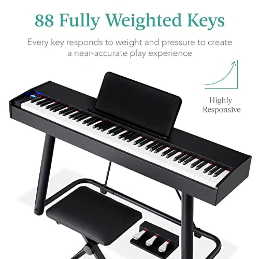 88Key Weighted Full Digital Piano Electronic Keyboard, All Levels, UStand 3 Sustain Pedal Unit Stool