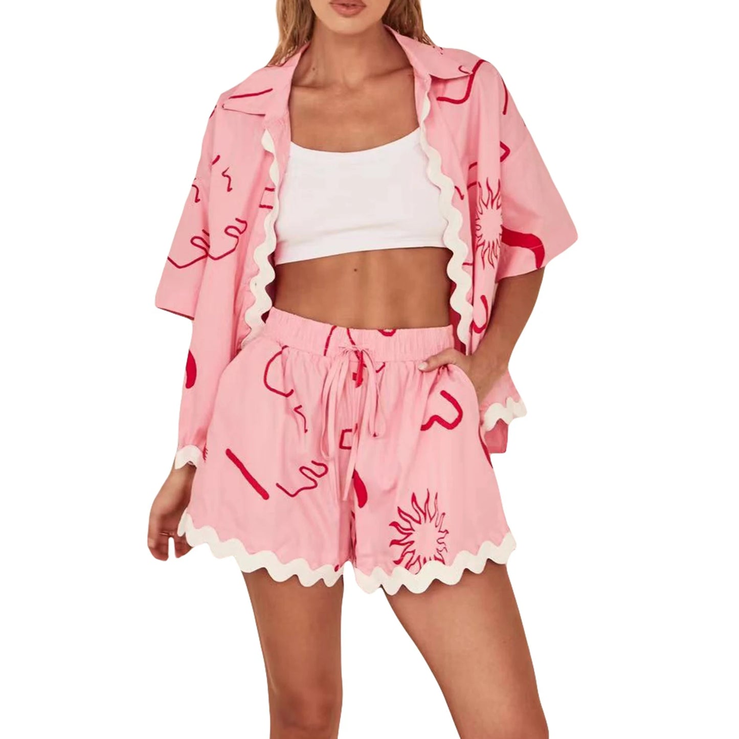 Women s Summer Loungewear Set Fashion Print Short Sleeve Lapel Button T-Shirt ,Trim Shorts Sleepwear