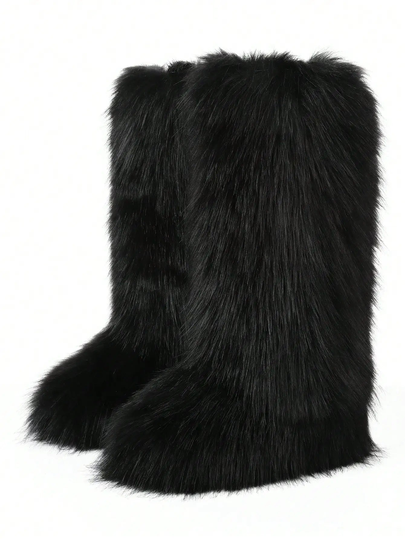 Furry Fluffy Women Snow Boots Warmplush Knee High Flats Luxury Punk Goth Women Winter Shoes