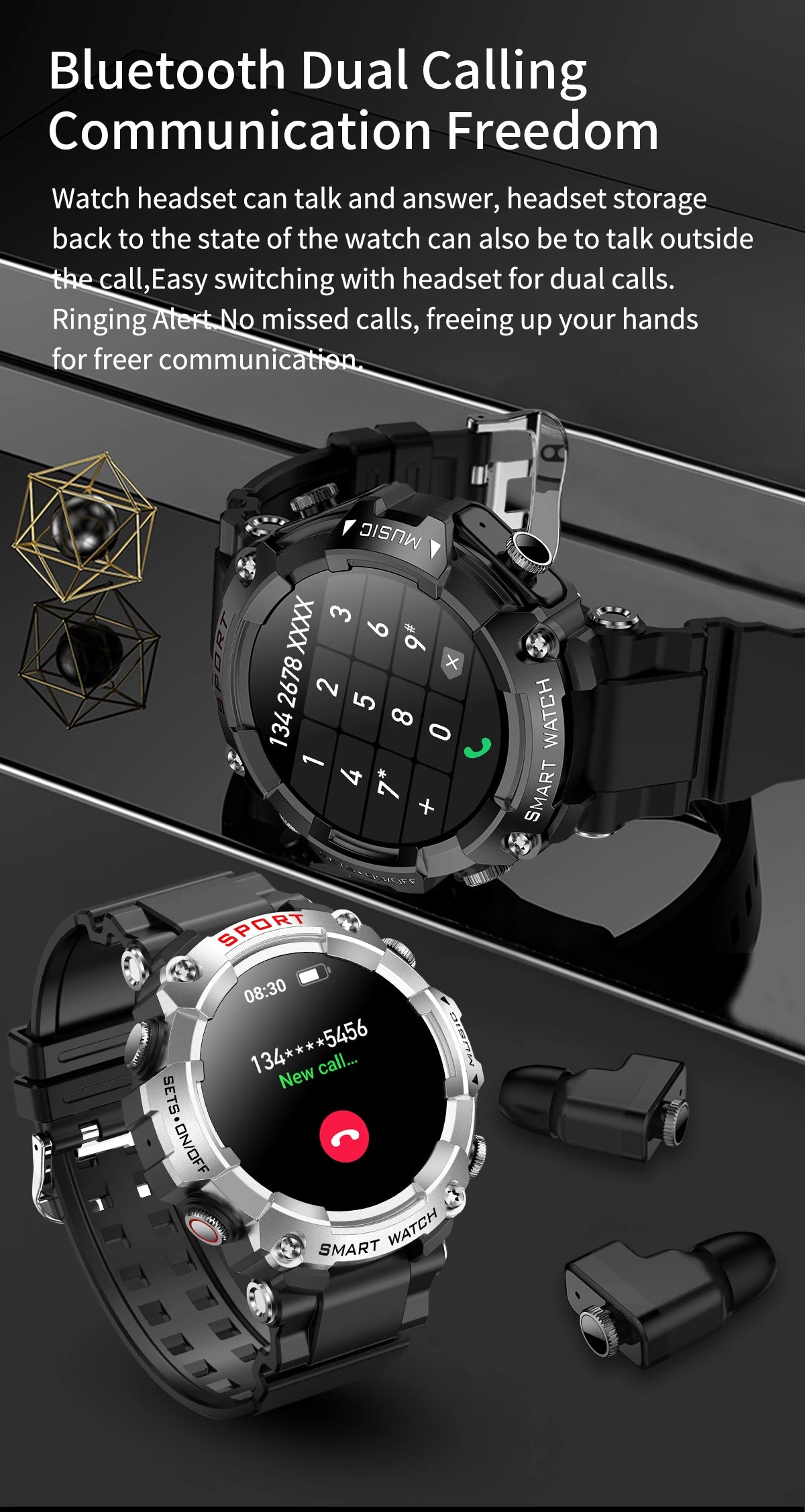 Smart Watch AMOLED Display In-Ear Bluetooth Headset Heart Rate Blood P, Oxygen Sat. Monitoring HD