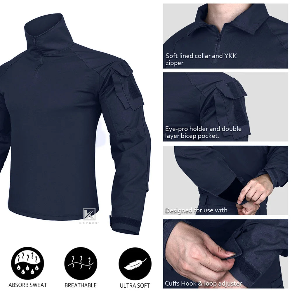 KRYDEX Tactical Combat Shirt Assault Tops with Elbow Pads Outdoor Hunting Clothing Navy Blue