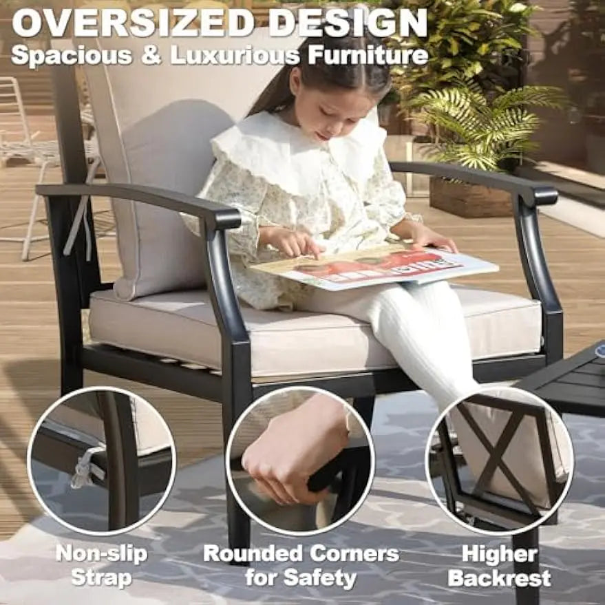 4-Piece Set, Wider Outdoor Metal Seating Sofa ,High Back & Loveseat, Coffee Table, All Weather Metal
