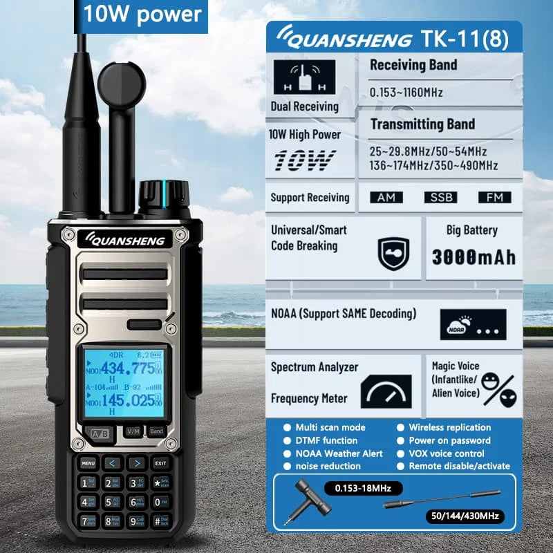 10W VHF/UHF Dual Band Radio 999CH CTCSS/DCS IP55 2500mAh Type-C NOAA Weather Alarm CE
