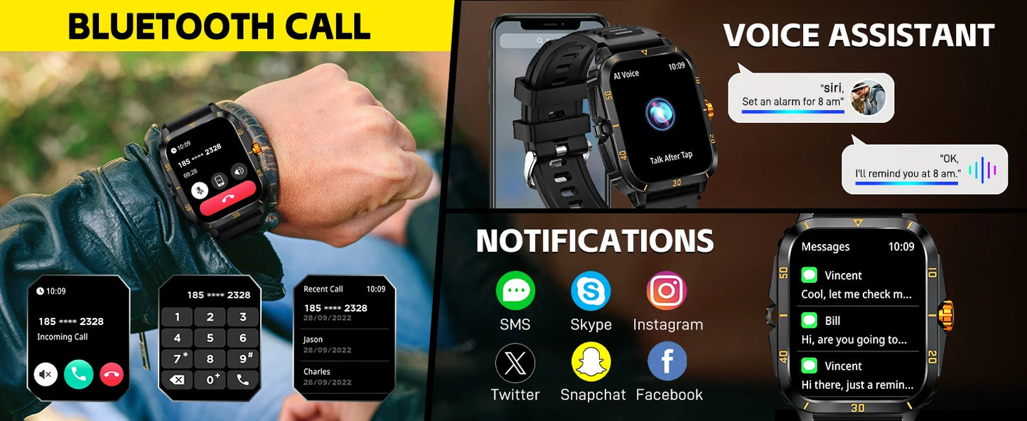 Smart Watch 3ATM Waterprf 1.96" IPS Screen KT71 Men 100+ Sport Mode Heart Rate Blood Pres. Bluetooth