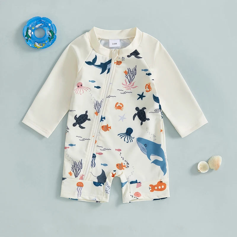 Toddler Boy UV Protection Rash Guard Swimsuit Set with Long Sleeve Zip Animal Print