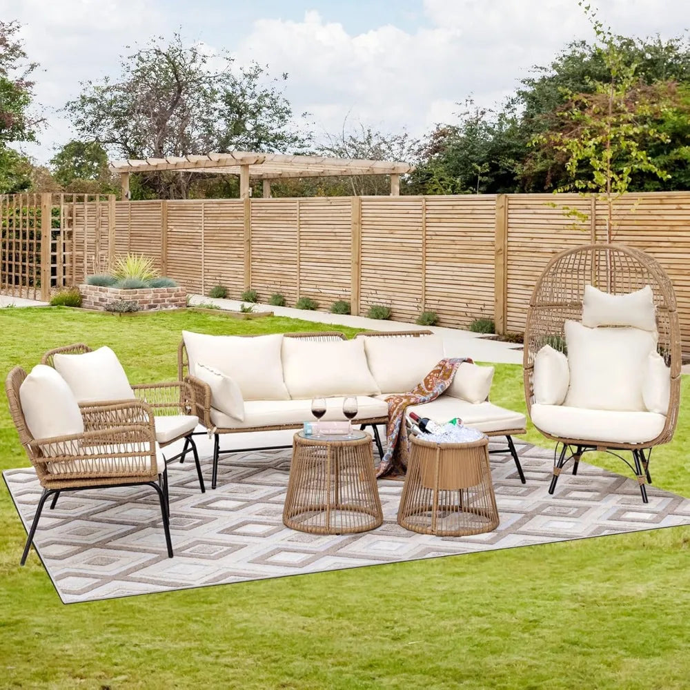 7-piece Bohemian Courtyard Furniture Sofa ,Including Egg Chairs, L-shaped Leisure Chairs, Cushions