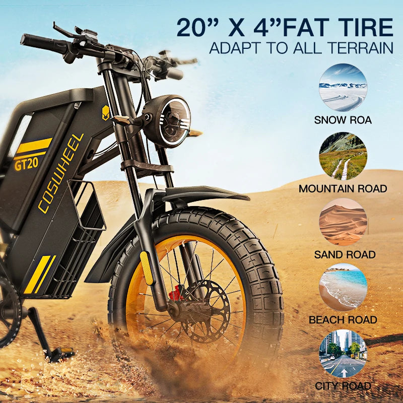 Coswheel Electric bike, Adult 2000W 60V Off-Road Motorcycle Mountain  20Inch Fatbike tires