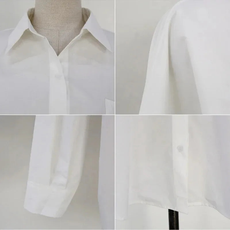 Lady Elegant White Casual Loose Blouses Fashion New Cotton Long Sleeve Women Shirt Turndown Collar