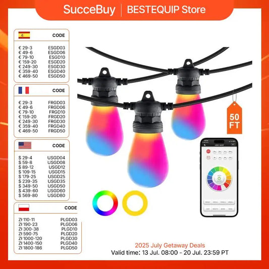 Outdoor String Lights, APP Control 15 Single-Color Adjustable Brightness Time Setting Waterproof