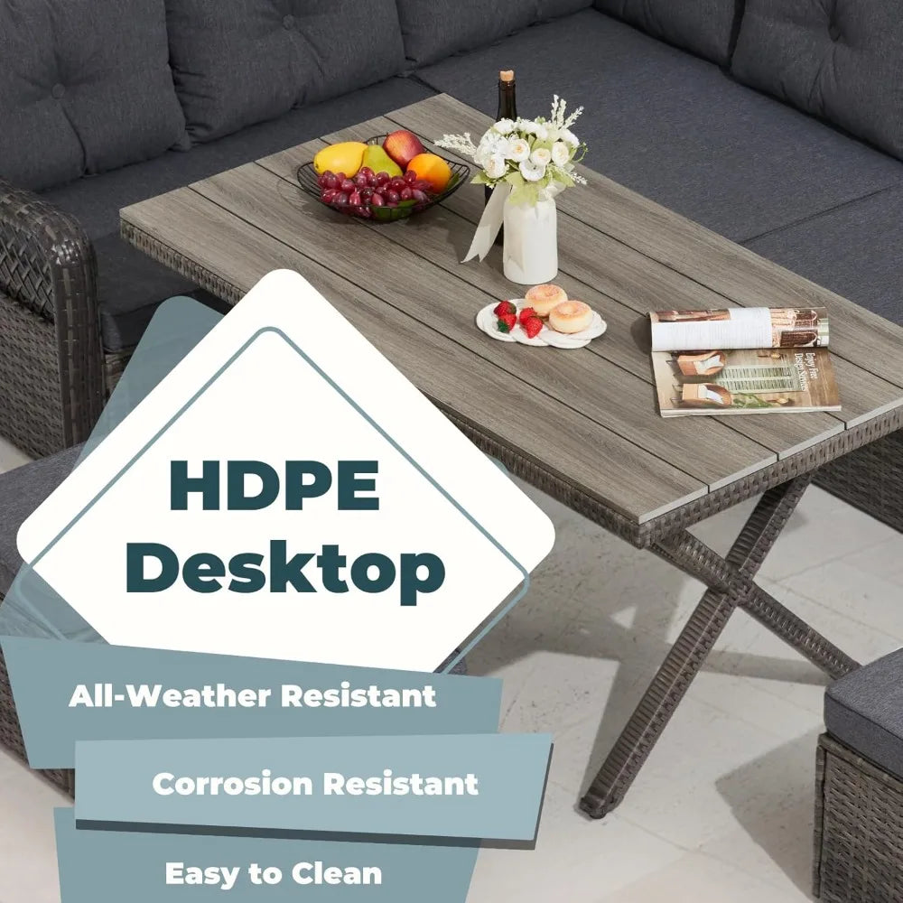 7 Pieces Patio  Dining Set, Patio Dining Sets with HDPE Table & Chairs, Ottamans for Garden, Deck