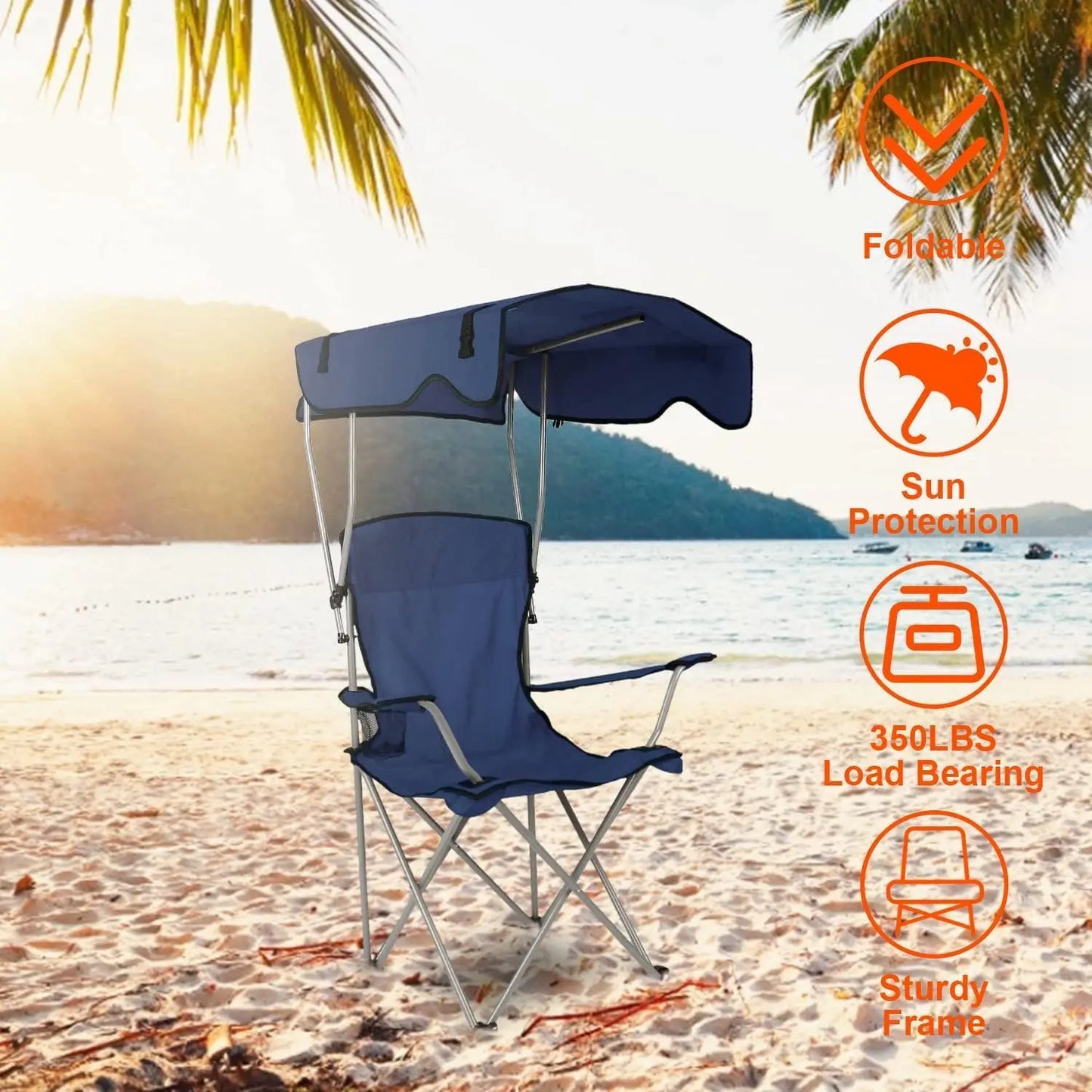 Camping Chair w/Canopy, Folding Lounge Chair, Adjust UPF 50+ Sun Shade & Cup Holder, Reclines
