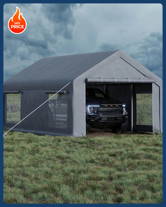 [New ]12x20 Ft Carport, 200g PE Tarp, Roll-Up Doors, 4 Windows, Full-Size Pickups, Bass Boats, Trail