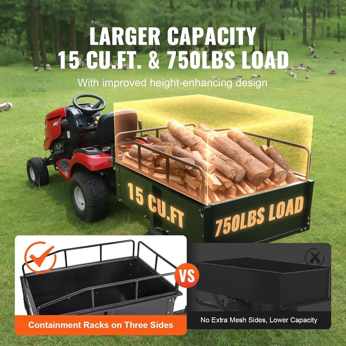 Heavy Duty ATV Dump Cart - Steel Tow Behind trailer, 750 lbs, 15 Cubic Feet garden Remove Sides