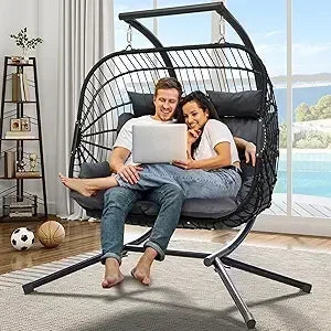 2 Person Hanging Egg Swing Chair,W/Stand, Wicker Indoor Outdoor Hammock, Cushions 550lbs, Patio