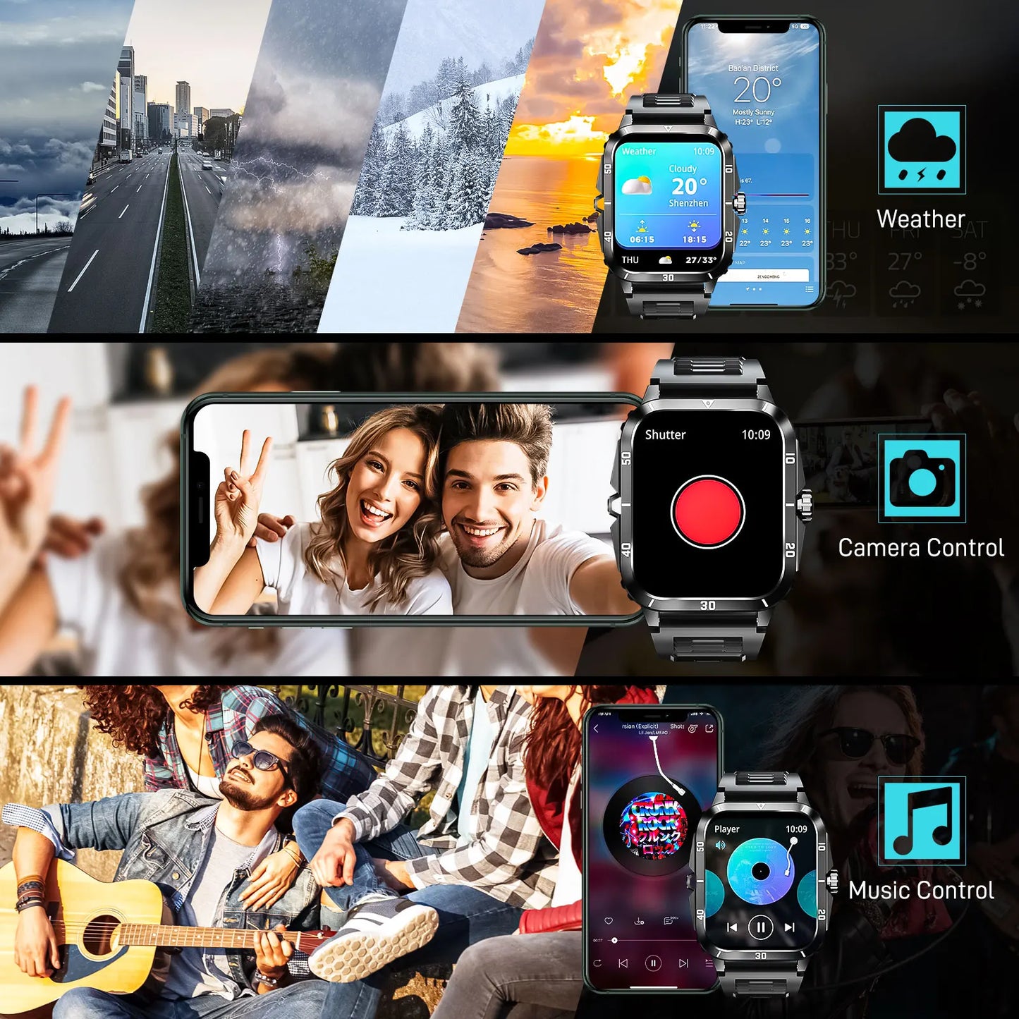 Smart Watch 3ATM Waterprf 1.96" IPS Screen KT71 Men 100+ Sport Mode Heart Rate Blood Pres. Bluetooth