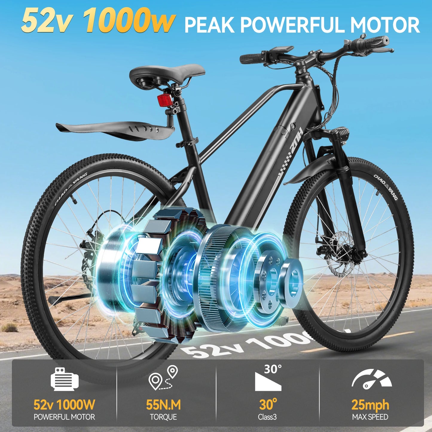 E-Bicycle, Adults,1000W Peak Motor,48V Removable Battery,20MPH,26" Tire E-Bike, 7-Speed,50 Miles