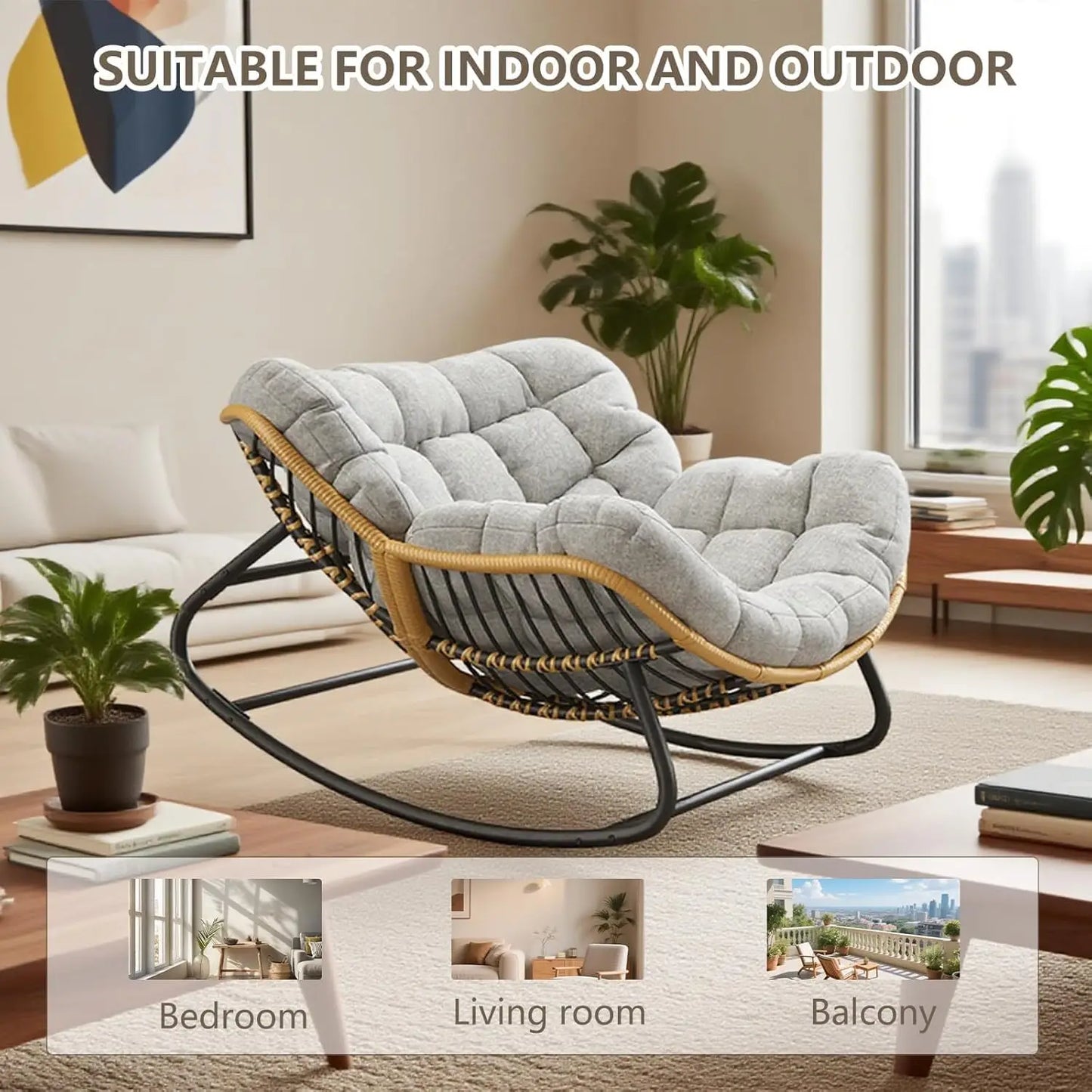 Egg Rocking Chair, Rattan Wicker Lounge Chair,Indoor/Outdoor Use in Bedroom/Living Room/Garden