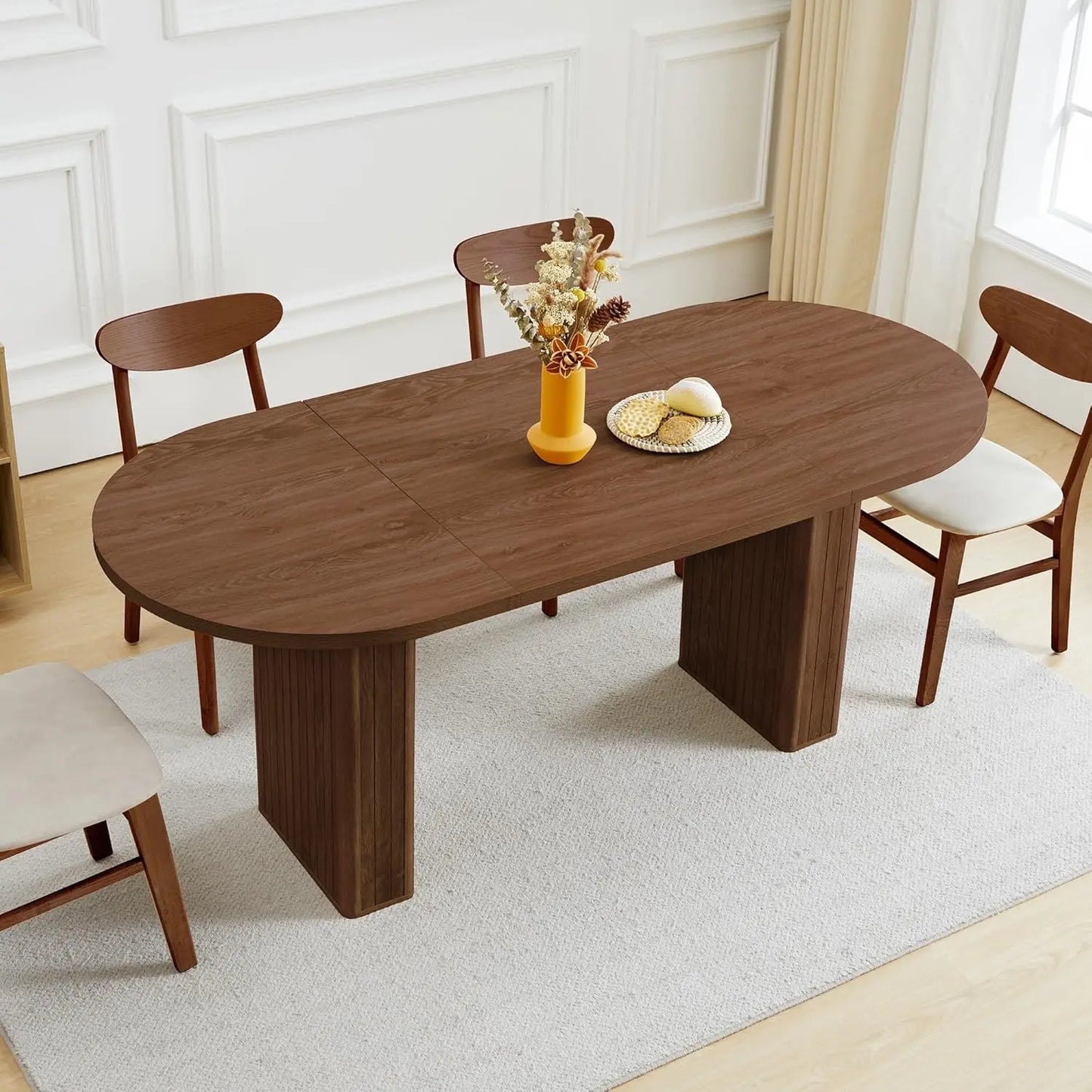 41 in-78 in Extendable Dining Room Table, 4-8, Round Expandable Table, Fluted Base, Modern Farmhouse