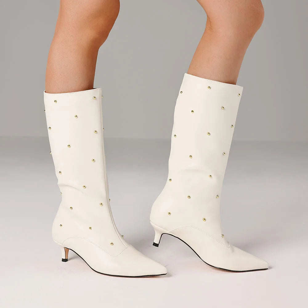 Fashion Women Mid Calf Boots Point Toe Med Heels Rivet Metal Wide Calf Boots 2025 Designer