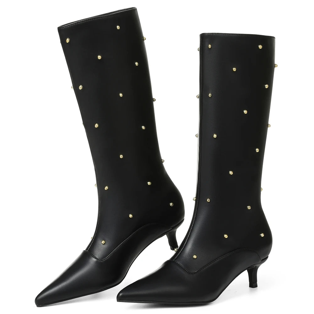Fashion Women Mid Calf Boots Point Toe Med Heels Rivet Metal Wide Calf Boots 2025 Designer
