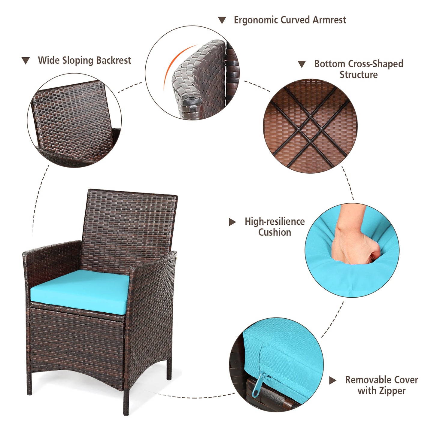 3PCS Patio Rattan Furniture Set Cushioned Sofa Glass Tabletop Deck Blue