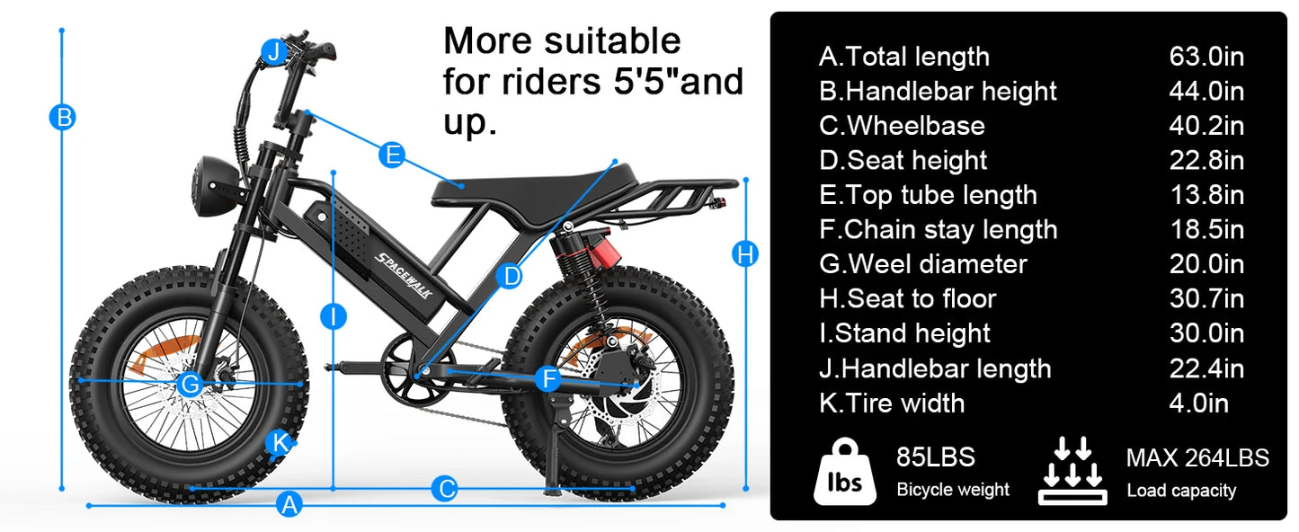 Mountain E-Bike , 20" Fat Tire Wider Seat 750W Peak Motor, Removable Battery, 4X Suspension