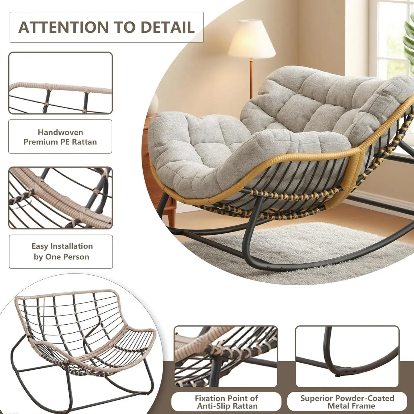 Egg Rocking Chair, Rattan Wicker Lounge Chair,Indoor/Outdoor Use in Bedroom/Living Room/Garden