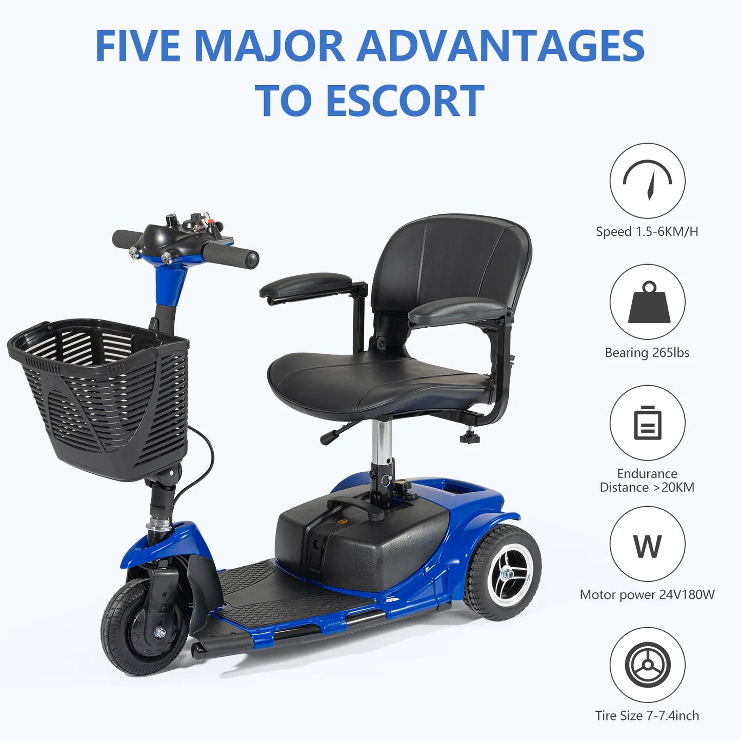 Electric 3 Wheel Mobility Scooter, Lighting Damping Front, Rear Hub Brakes Electric Tricycle