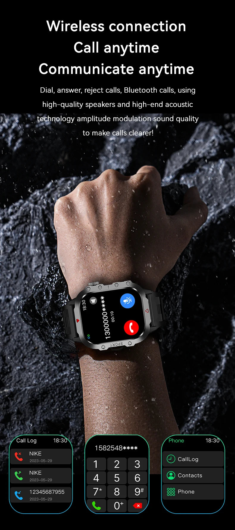 Smart Watch Bluetooth Voice Call LED Flashlight Health Monitor Outdoor Sports Smart