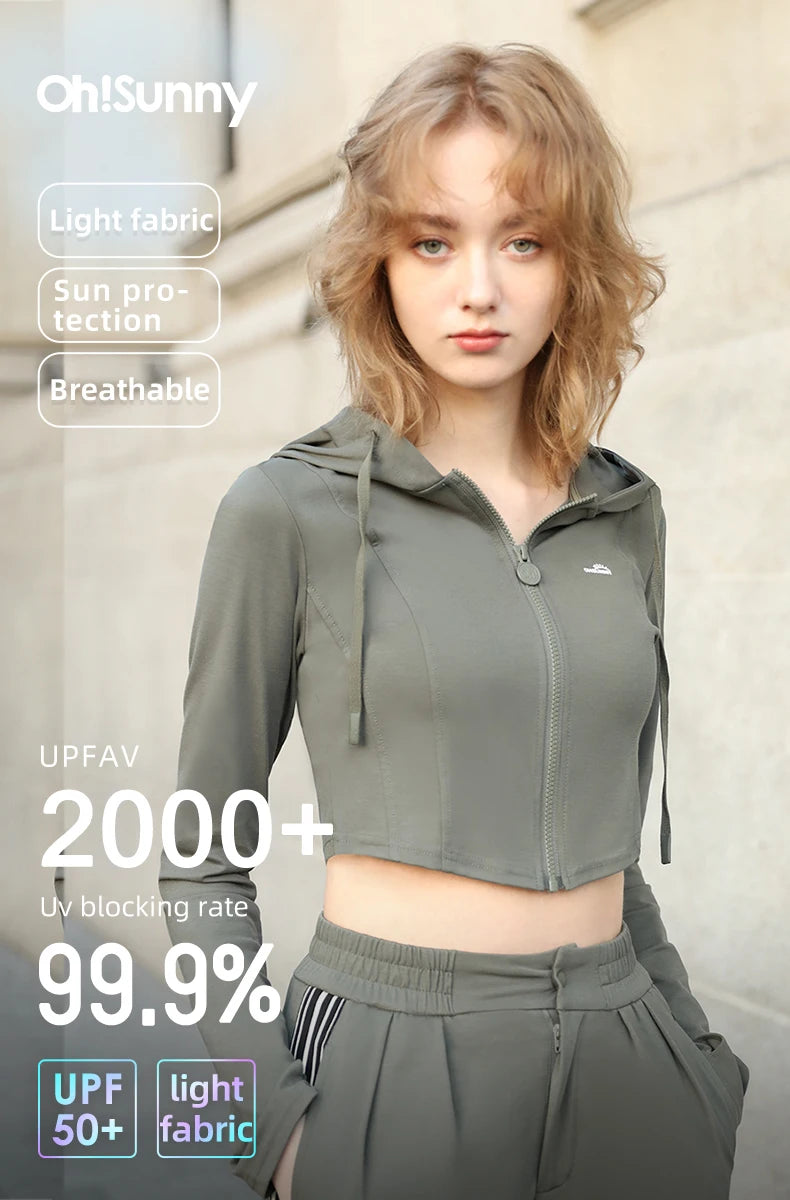 OhSunny Short Workout Jacket for Women Summer UV Stretch Slim Clothing Sports Long-sleeved Hoodie