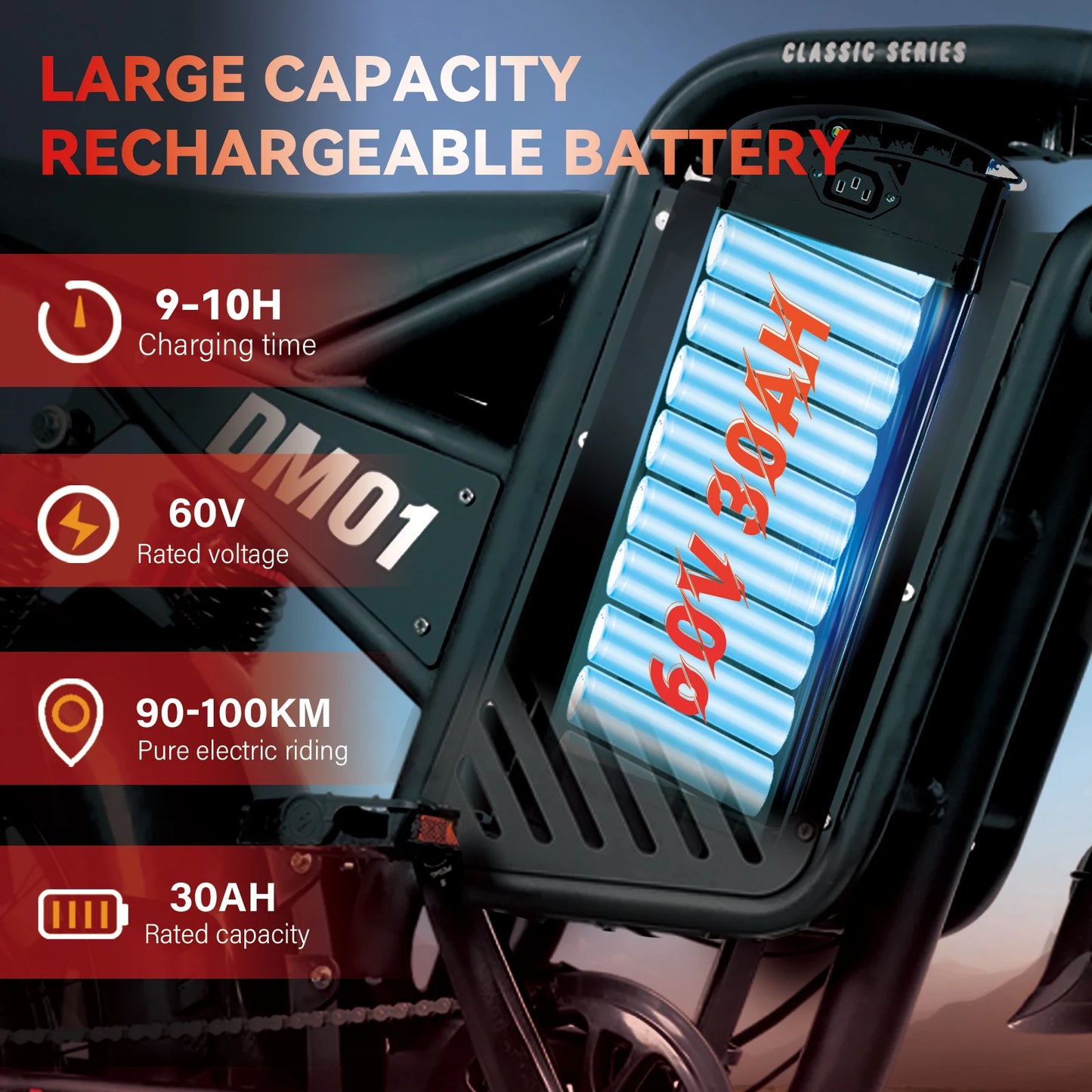 【1 Year Warranty E- Bicycle 60V 30AH Battery 42 MPH  Adult Electric Motorcycle