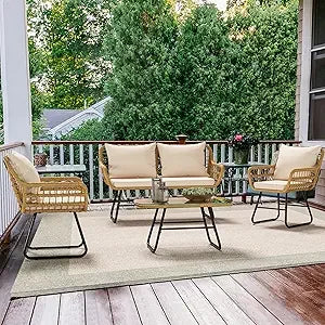 Patio Furniture Wicker Bistro Set, 4-Piece All Weather Rattan Conversation Loveseat Sets